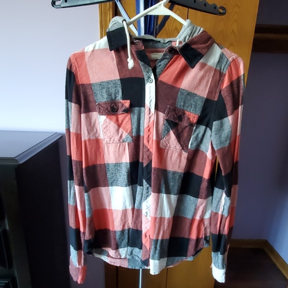 Orange and Black Checked 3/4 Shirt with Hood